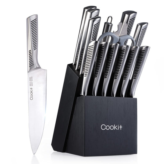 15-Piece Kitchen Knife Set with Block, German Stainless Steel Chef Knives, Non-Slip Hollow Handle, Multifunctional Scissors & Knife Sharpener