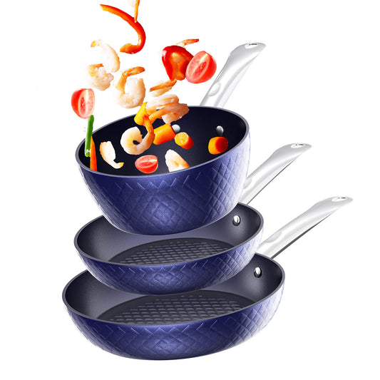 3-Piece Non-Stick Frying Pan Set – Blue 3D Diamond Cookware for Effortless Cooking