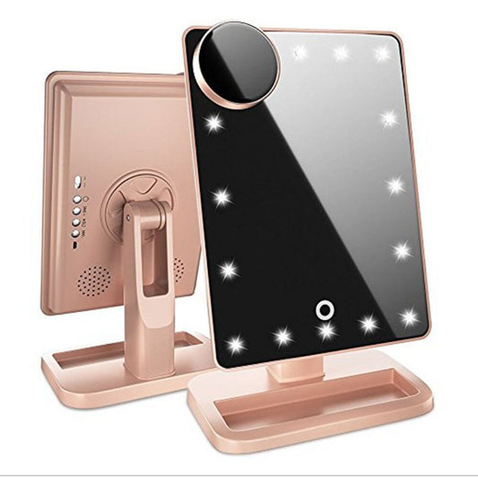 LED Touchscreen Makeup Mirror with Bluetooth Speaker & 10X Magnification – 20 Adjustable Lights for Perfect Beauty